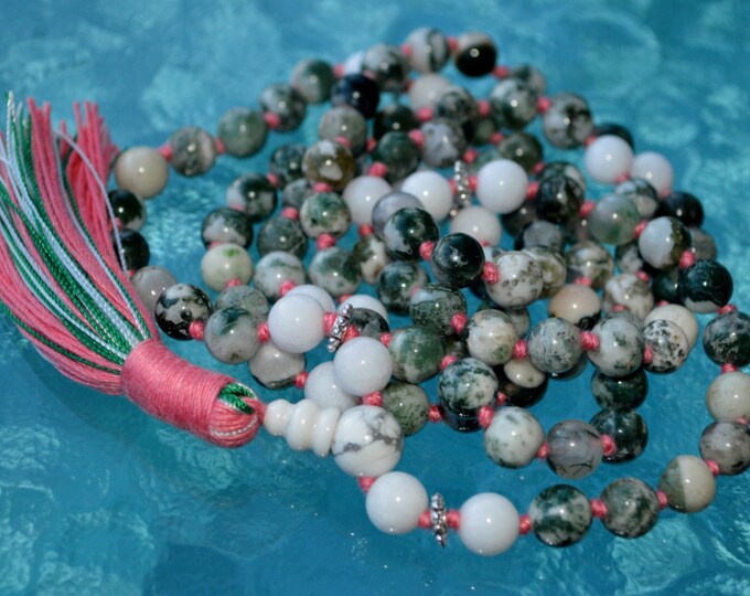 White Jade Green Tree Agate Beads Mala, Healing Yoga Necklace Sterling silver Mala Creates a peaceful environment, Achieving Goals Heart Cha