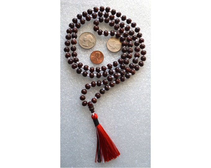 108 Rosewood Mala Beads Necklace, Genuine Rosewood Mala Rosary, Wooden Red and White Mala, Energized Rosewood Beads, Buddhist Rosewood Mala