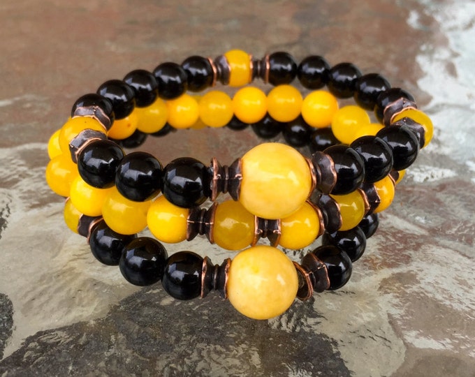 Yellow Jade Black Onyx, Wrist Mala, Chakra Bracelet, Depression, Stress Relief Bracelet, 8 mm, Prayer Beads, Healing Bracelet, - Set of 3