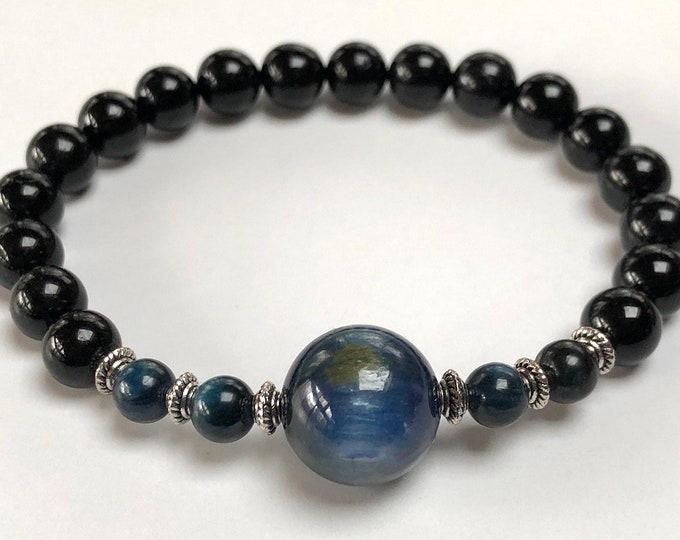 14mm Natural Blue Kyanite Bracelet Tourmaline Bracelet Kyanite Bracelet Kyanite Beads Bracelet, Blue Beaded Bracelet Mens Women Bracelet