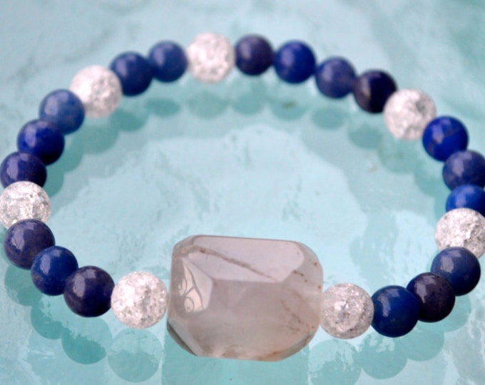 Cyber Monday Sale 8 mm Crystal Quartz Himalyan Ice with Lapis Lazuli Budha Prayer Beads Handmade BraceletChristmas