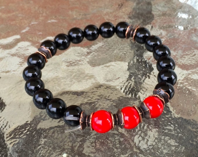 8 mm Black Onyx Red Coral Wrist Mala Beads Healing Bracelet - Blessed Karma Nirvana Meditation Prayer Beads For Awakening Chakra Kundalini