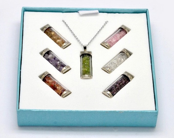 Boho Chakra Necklace Set: Crystal Chip Glass Jar Pendants for Energy Balance. Spiritual Healing & Hippie Vibes.