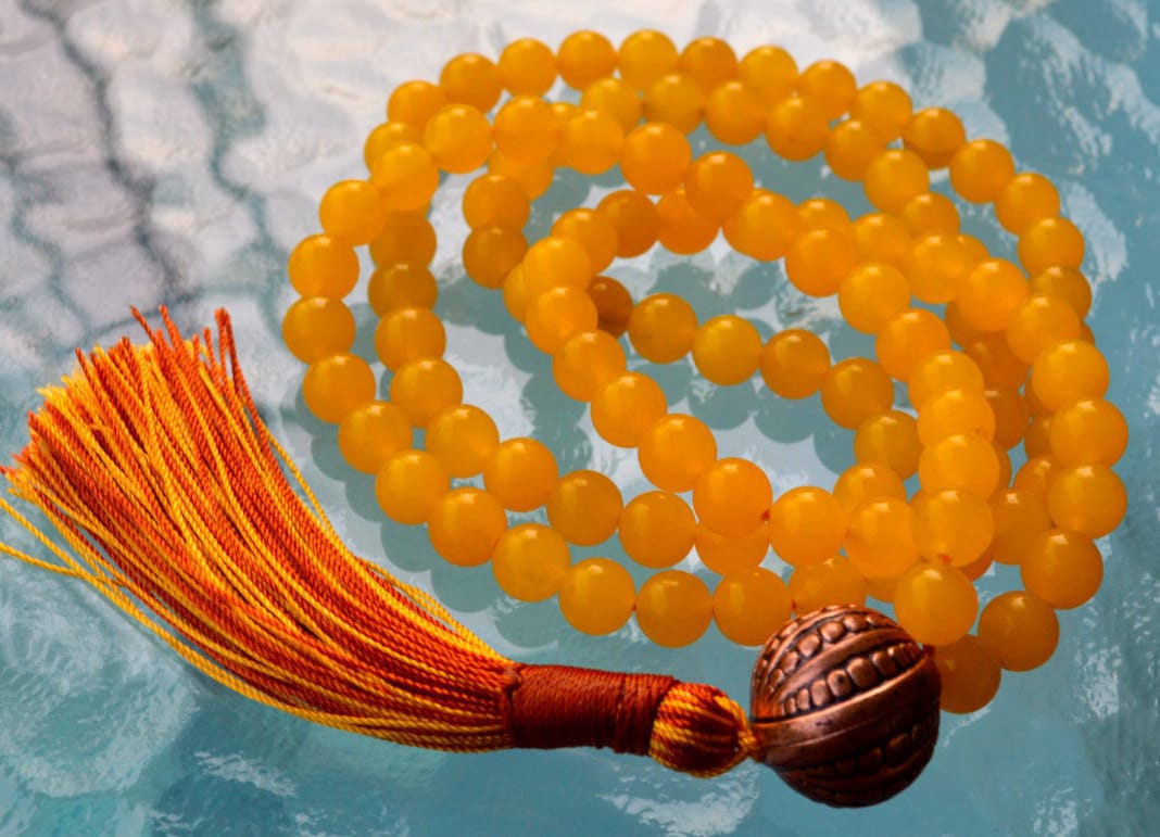 Yellow Jade Handmade Yoga Mala Beads Necklace - Karma Nirvana Meditation  8mm Prayer Beads w/ Copper Guru Bead For Awakening Chakra Kundalini