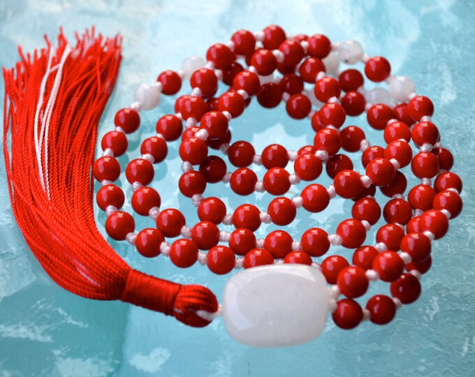 Red Coral Moonstone 108 Hand Knotted Mala Necklace, valentines day, gifts for him for her valentines day gift for boyfriend gift for husband