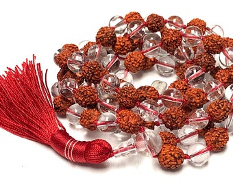 108 Rudraksha Japa Mala Prayer Beads Knotted Necklace Rosary Shiva Mala Saphtik Nirvana Quartz Rudraksha, Meditation Buddhist Prayer Mala