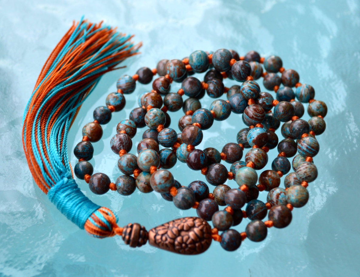 Fossil Beads Hand Knotted Spiritual Mala Beads Jewelry Necklace