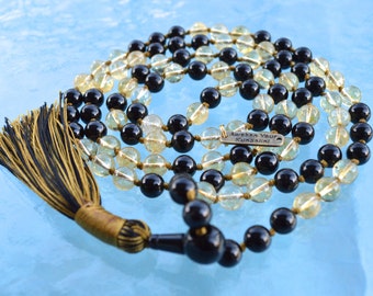 Black Tourmaline Citrine Quartz Mala Neckalce 108 Mala Beads Knotted Mala Necklace Mala Prayer Beads Meditation Yoga Jewelry Abundance Mala