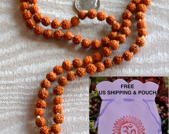 Hand Knotted Rudraksha Mala Beads,Small Shiva Tears: 8 mm Rudraksha Beads, 108 Rudrakash Necklace, Natural Indian Seeds, Buddhist Jewelry