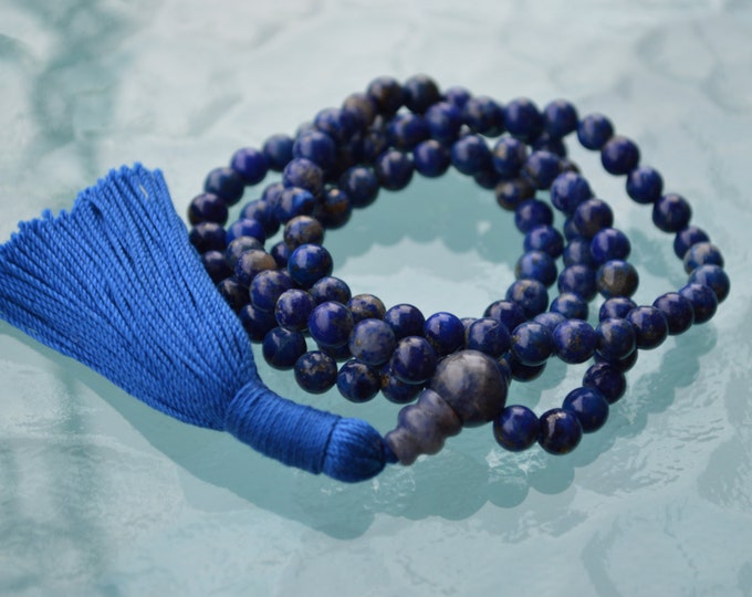 108 Natural Lapis Lazuli AAA+ Hand knotted Buddhist Chakra Mala Bead Necklace - 9th Anniversary Psychic attacks Releases stress, deep peace