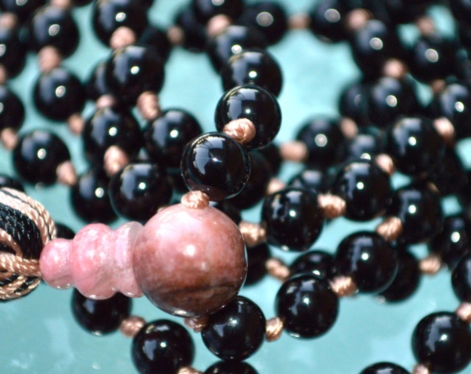 Natural Black Tourmaline Mala Necklace, Raw Black Tourmaline Crystal Beads