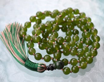 Hand Knotted Beads Mala, Healing Yoga Necklace Japa Mala 108 Green Olive Jade Nephrite Achieving Goals Memory Concentration Self Esteem