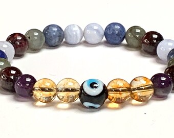 Crystals For Anxiety Bracelet, Citrine, Garnet, Evil Eye, Smoky Quartz, Lace Agate (8mm Beads)/Emotional Healing, Depression, Insomnia