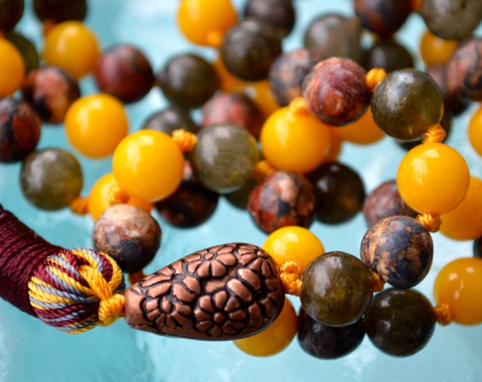 Labradorite Yellow Jade & Leopard Skin Jasper 108 Hand knotted Mala Beads Necklace - Confidence Creativity Empowerment Holistic Rejuvena