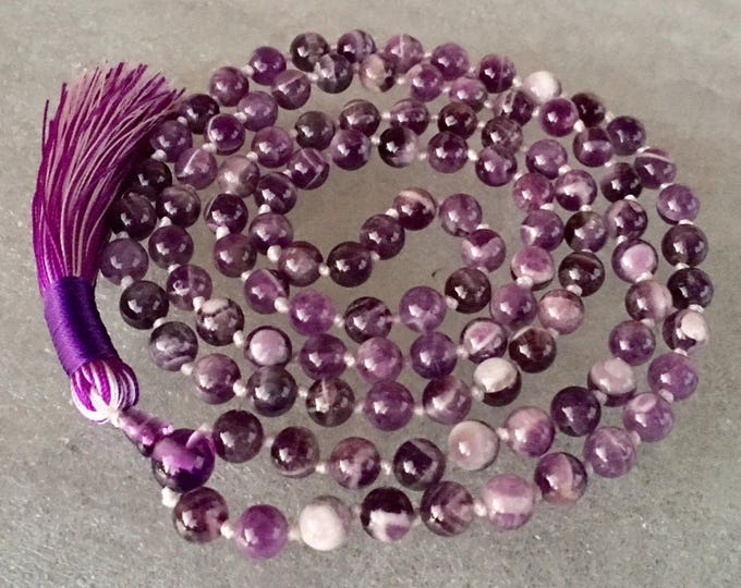 cheveron amethyst mala beads necklace yoga reiki healing jewelry 108 hand knotted purple amethyst yoga meditation birthday anniversary gift