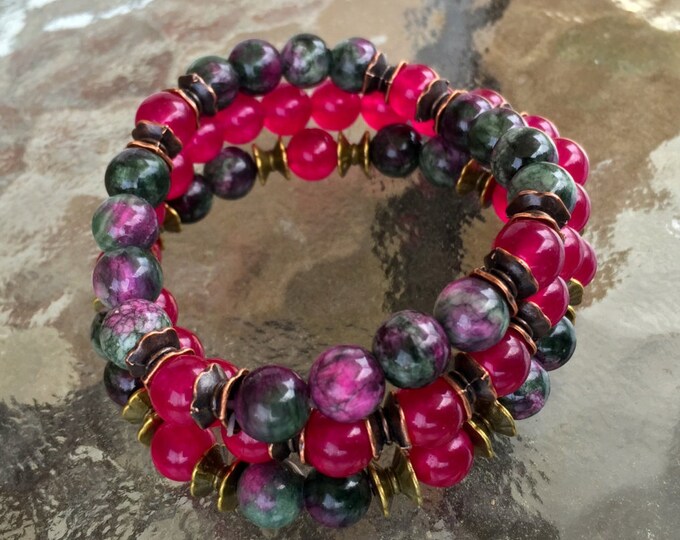 Anyolite Bracelet, Wrist Mala Beads, Chakra Bracelet, Meditation Mala, Green Ruby Zoisite Bracelet, Prayer Beads, Karma Bracele - Set of 3