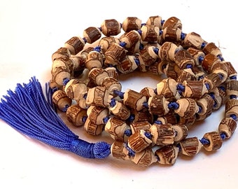 Natural Raw Tulsi HOLY BASIL BEADS Knotted Mala beads Necklace  || Tulsi Mala Bracelet Knotted Tulasi Mala in Blue string || Wood mala beads