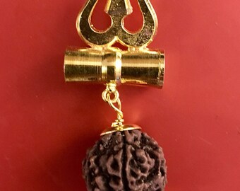 5 Five Mukhi Rudraksha, Tri Shakti Damru kavach pendant 5 Face Rudraksh bead - From Nepal - Stress free life - Om Meditation Yoga jewelry