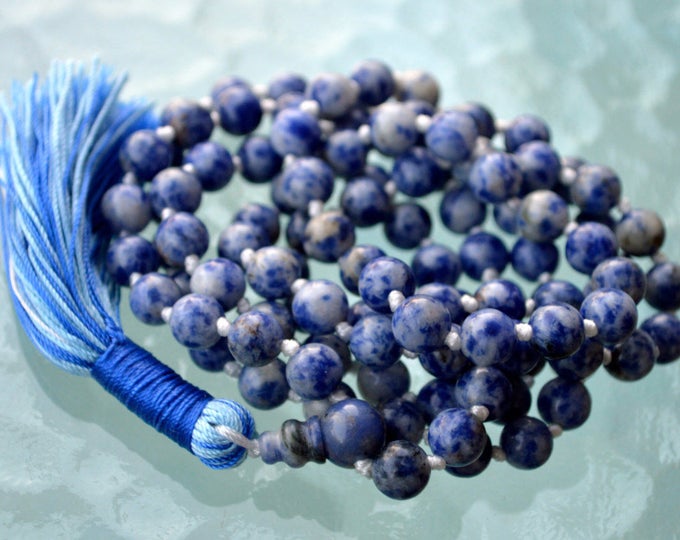 108 Throat Chakra Balancing Mala Beads Necklace Wedding Bohemian Meditation Sky blue Beach Knotted Prayer beads Bracelet Yoga Gift Sodalite