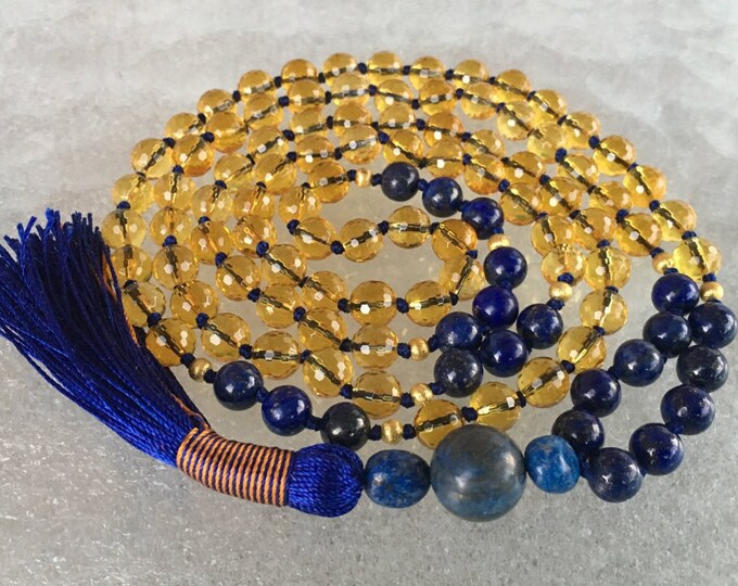 Citrine & Lapis Lazuli Mala Necklace - Citrine Bracelet - November Birthstone Gift