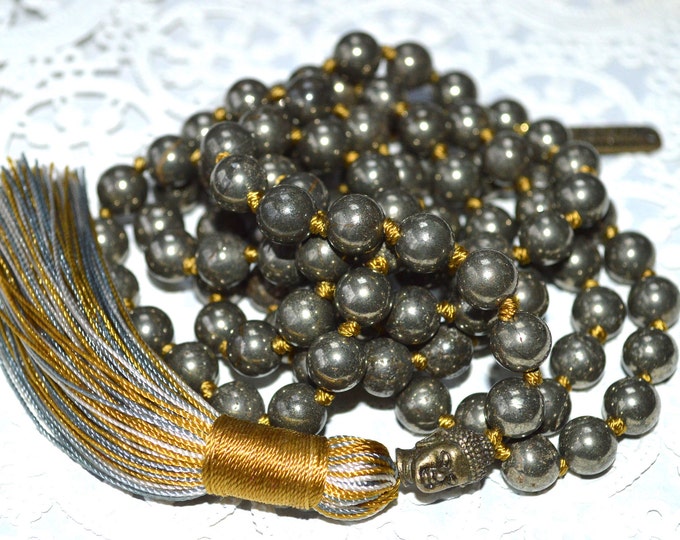 108 Buddha pyrite knotted protection necklace buddha mala necklace gemstone jewelry natural crystal healing Pyrite necklace spiritual healin