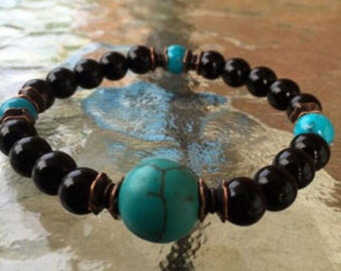 Black Onyx Turquoise Stretch Bracelet, Stackable Boho Beaded Bracelet, Blue Gemstone Bead Bracelet, Mens Beaded Bracelet, Womans Bead Bracel