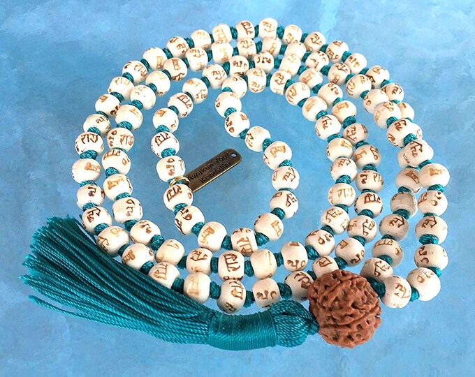 108 Tulsi Holy Basil Hand Knotted Mala Beads Necklace with five mukhi Rudraksha Karma Nirvana Meditation For Awaken Your Kundalini Chakra