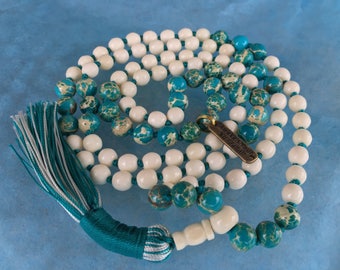108 Yak Bone Knotted Mala Bead Necklace, Tibetan Buddhist Prayer beads, Yak bone Mala Beads, Yak Bone Meditation Mala, White and Red Mala
