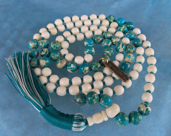 108 Yak Bone Knotted Mala Bead Necklace, Tibetan Buddhist Prayer beads, Yak bone Mala Beads, Yak Bone Meditation Mala, White and Red Mala