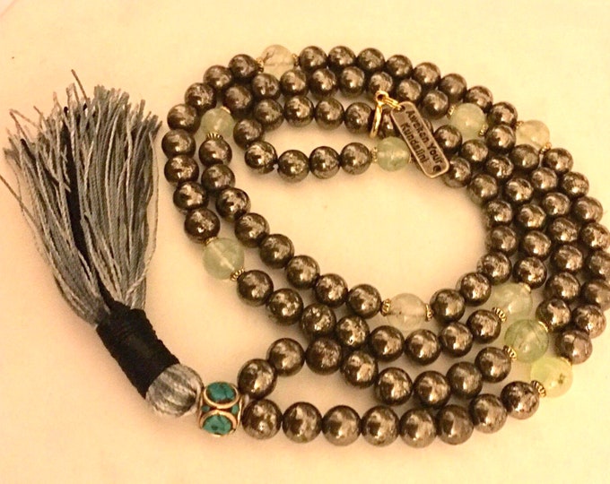 108 pyrite prehnite mala beads necklace mens jewelry birthday gifts for men gift for dad christmas gift for husband gift for boyfriend him