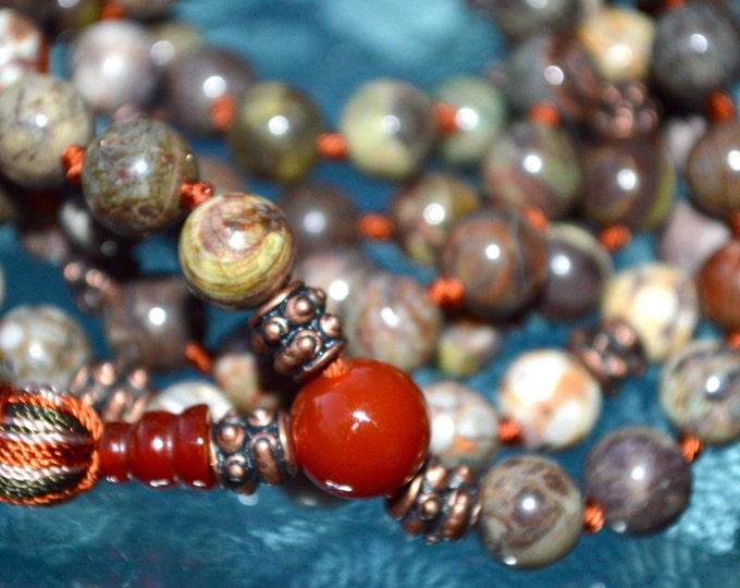 Ocean Orbicular Jasper Knotted Mala Beads Necklace - Self esteem Self worth Good Spirits Detox Awakening Chakras Skin Problems Hallucination