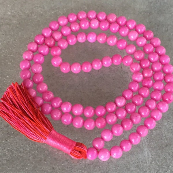 Magenta Pink Mashan Jade Hand Knotted Mala Beads Necklace - Blessed Karma Nirvana Meditation 108 Prayer Beads For Awakening Chakra Kundalini