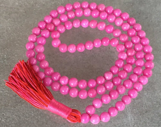 Magenta Pink Mashan Jade Hand Knotted Mala Beads Necklace - Blessed Karma Nirvana Meditation 108 Prayer Beads For Awakening Chakra Kundalini