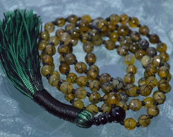 108 Green Agate Dragon Vein Hand Knotted Mala Bead Necklace Buddhist Prayer Beads Knotted Gemstone Mala - Energized for Spiritual Awakening