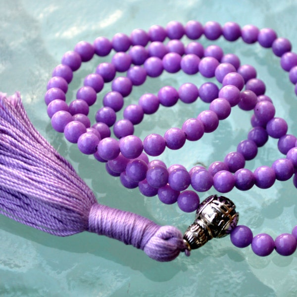 6 mm Purple Jade Prayer Beads Japa Mala Necklace - Buddhist Karma 108+1 Beads -Energized Rosary for Nirvana Meditation Awakening Chakras