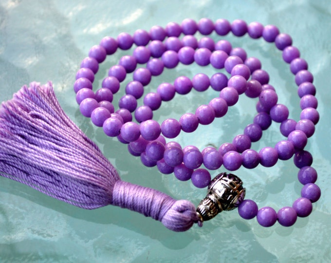 6 mm Purple Jade Prayer Beads Japa Mala Necklace - Buddhist Karma 108+1 Beads -Energized Rosary for Nirvana Meditation Awakening Chakras