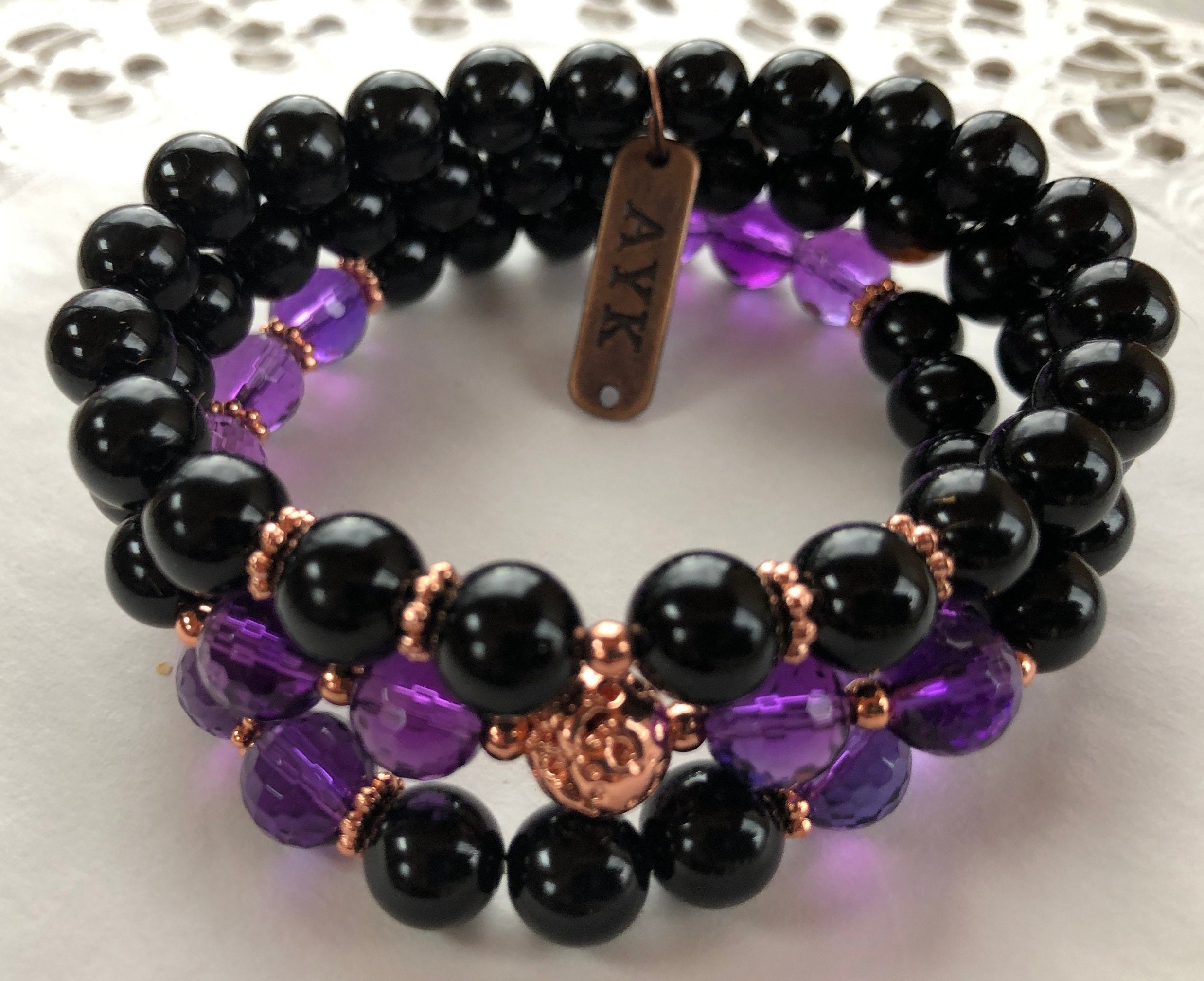 Black Tourmaline & Amethyst Bracelet, 3 Braclets Set, Protection, Healing  Crystals
