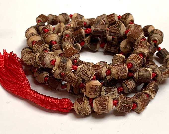 Natural Raw Tulsi Holy Basil Knotted Mala beads Necklace  || Tulsi Mala Bracelet  || Knotted Tulasi Mala in Red String || Wood mala beads