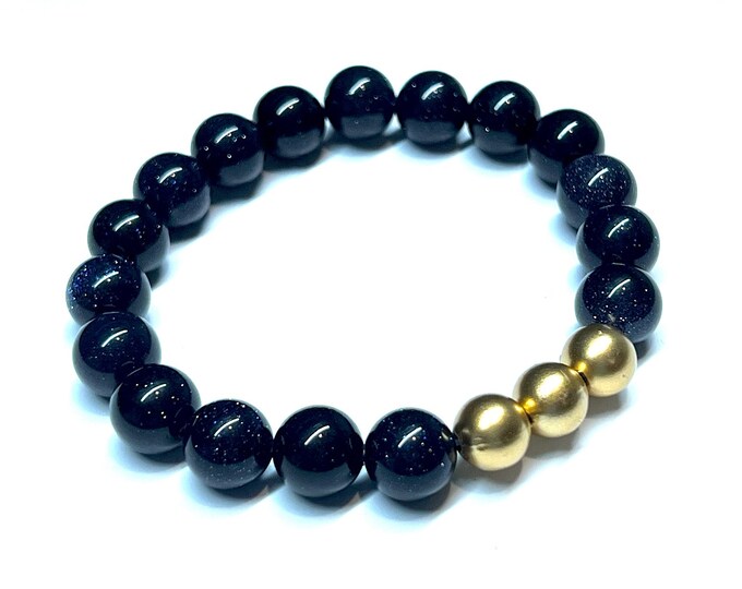 Blue Goldstone Mala Bracelet - Beaded Charm Gemstone Stretch Bracelet for Men and Women - Birthstone Crystal Jewelry