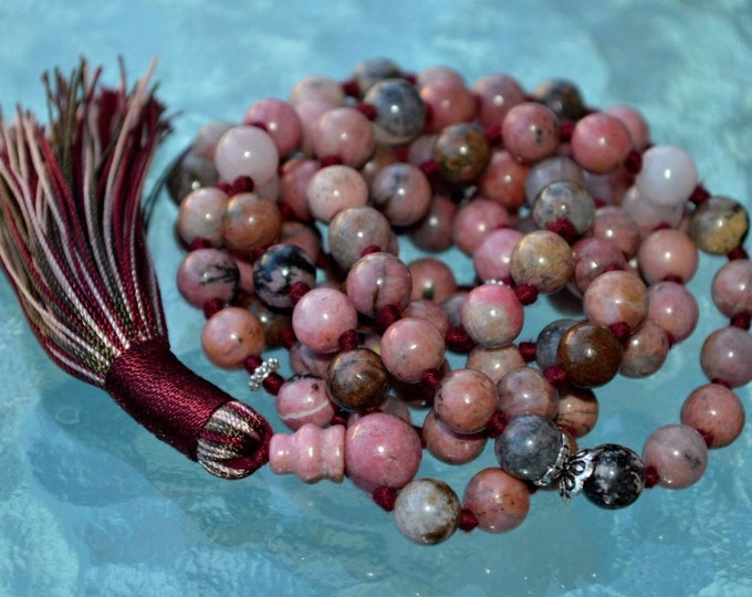 Knotted Rhodonite Mala Beads Necklace 108 Gemstone Fertility Mala Bead Necklace Heart Chakra Healing Bracelet Anniversary Gift for her him