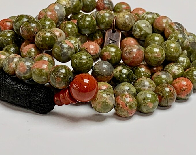8mm, 10 mm Energized & Blessed Unakite Fertility Mala Beads Necklace, 108 Prayer Beads, Natural Unakite Stones Mala, Handmade in the USA