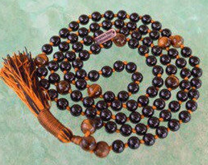 108 Genuine Black Tourmaline, 10 mm Tiger Eye Mala Beads deflecting radiation energy ,repel and protect from negative energy and changes