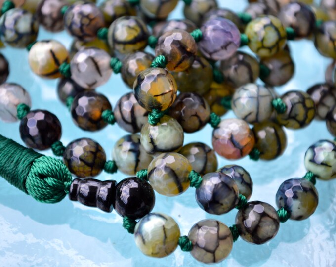 STRESS RELIEF Dragon Vein Agate Nirvana 108 Prayer Beads Mala Beads Necklace Hand Knotted Long Tassel Necklace For Healing Spiritual Power