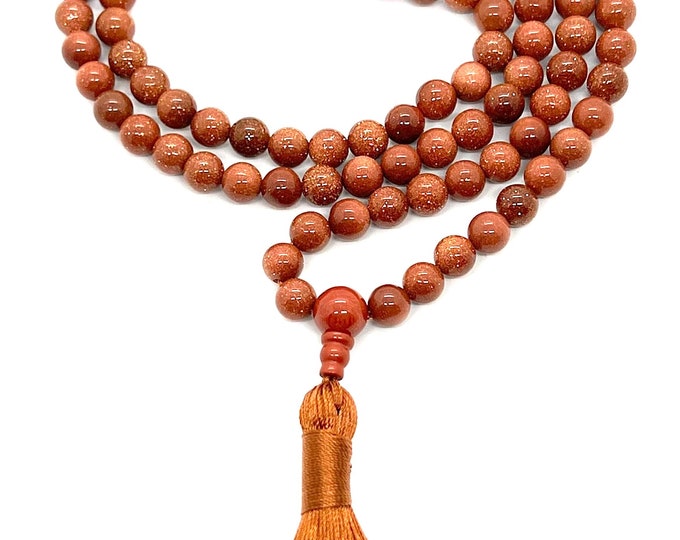 Handmade Goldstone Sandstone Lucky Japa Mala Beads Necklace -Blessed Karma Nirvana Meditation 6mm Prayer Bead Rosary For Awakening Chakra