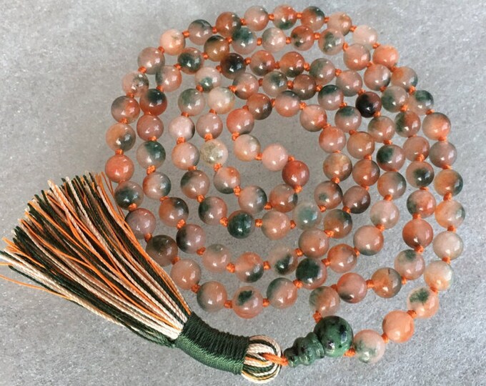 Blessed & Energized  Flower Jade Knotted Mala Beads Necklace gemstone jade jewelry pendant dainty simple bridal necklace Mother's Day gift