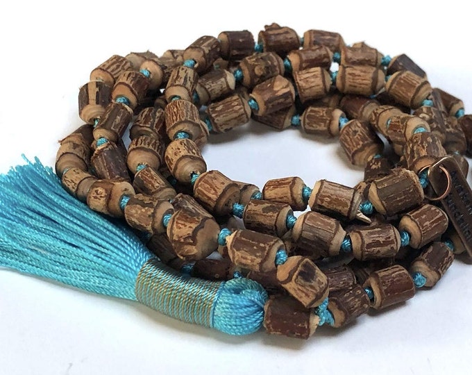 Natural Raw Tulsi Holy Basil Knotted Mala beads Necklace  || Tulsi Mala Bracelet  || Knotted Tulasi Mala in Turquoise String Wood mala beads