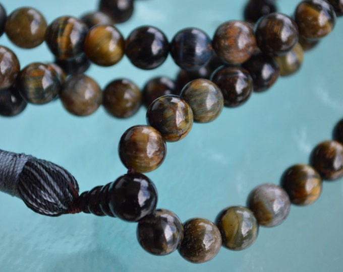 Black Tiger Eye & Onyx Handmade Solar Plexus Chakra Mala Beads Necklace - To Correct use of Power, Grounding, Intuitive, Travel, Protect