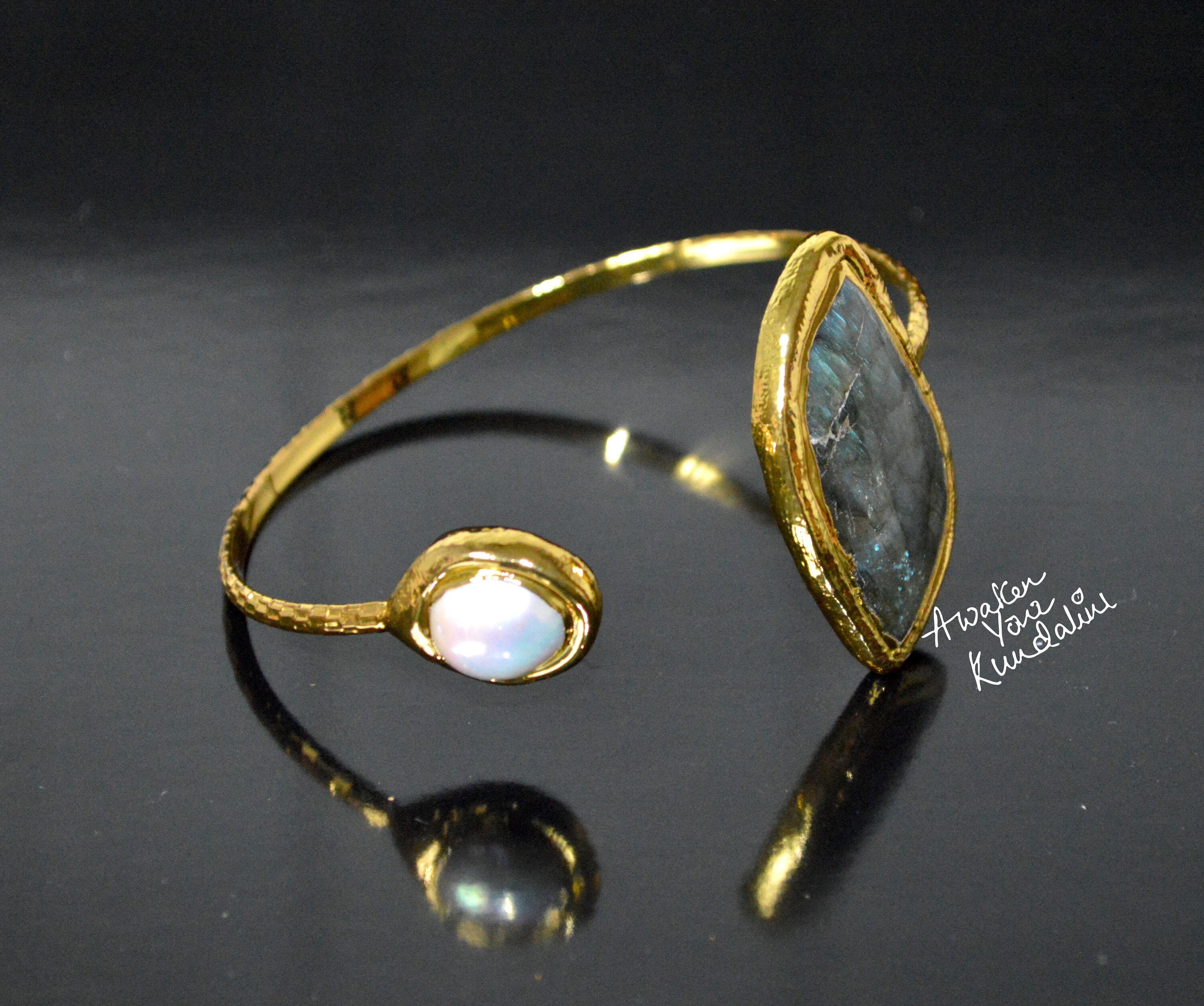 Raw Labradorite Cuff Bracelet | gold bangle, rough stone, labradorite ...