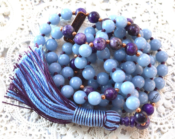 Charoite & Angelite Bracelet (8mm Beads)/Spiritual, Overcome Fear, Reduce Stress, Negativity, Stress, Obsessions