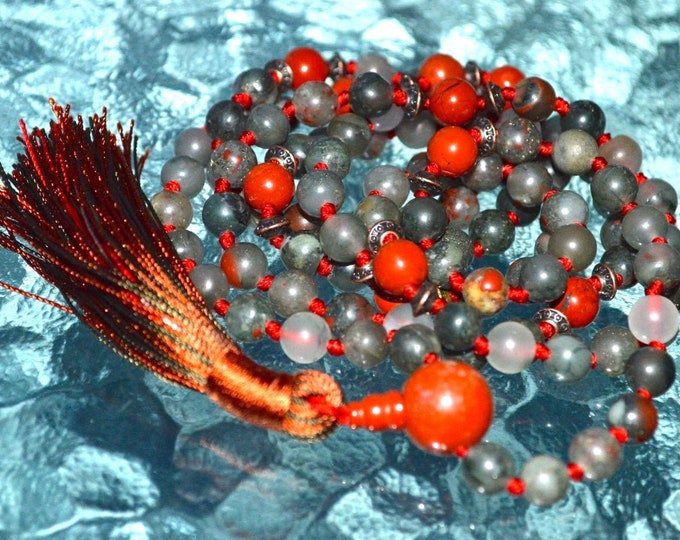 Indian Bloodstone Mala Beaded Necklace Heliotrope Crystal Mala for Men and Women love Understanding Forgiveness Trust Compassion Child birth